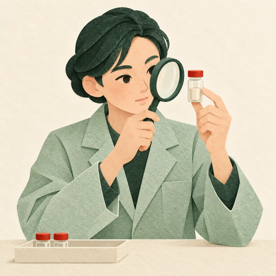 A lab specialist examines a sample vial through a magnifying glass