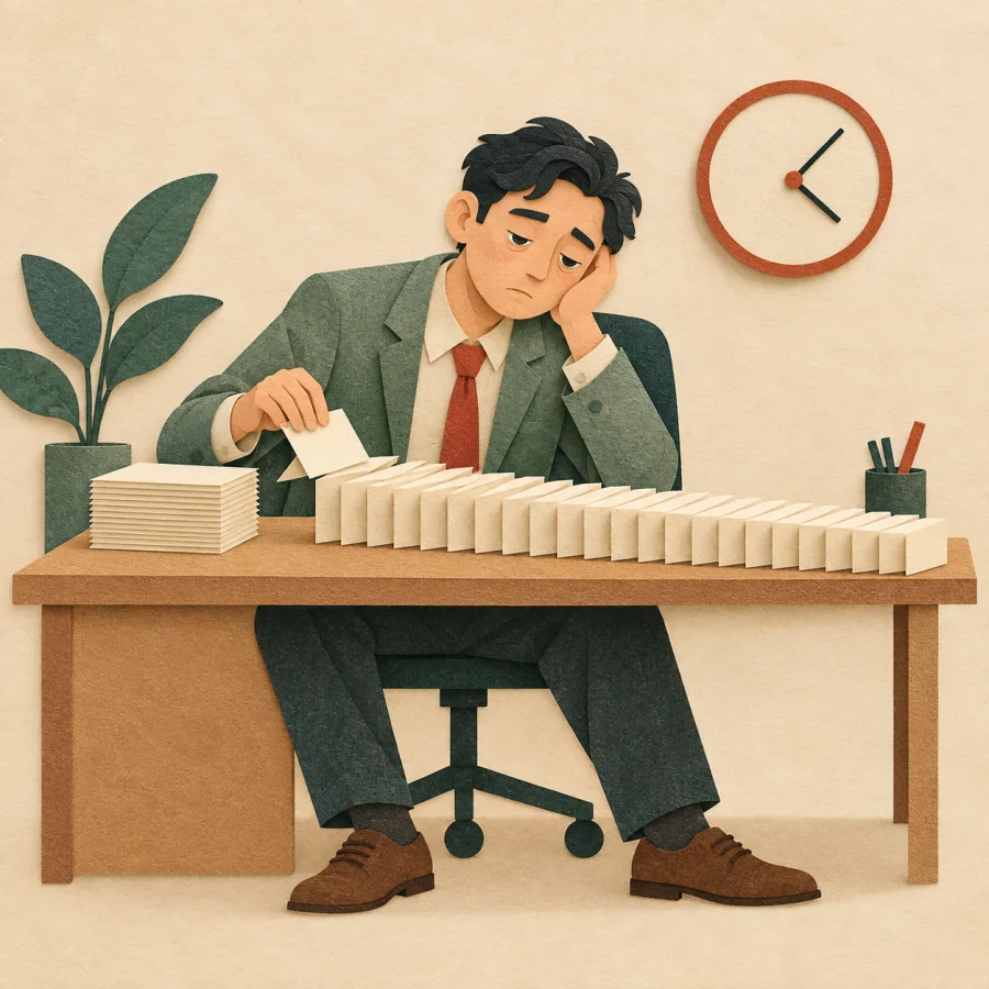A bored worker endlessly stacks identical paper sheets at a desk