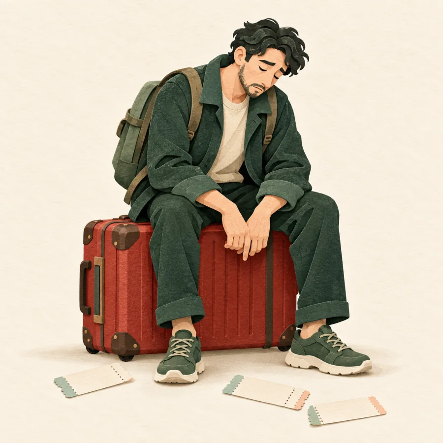 A tired traveller sits on a suitcase amid scattered travel tickets