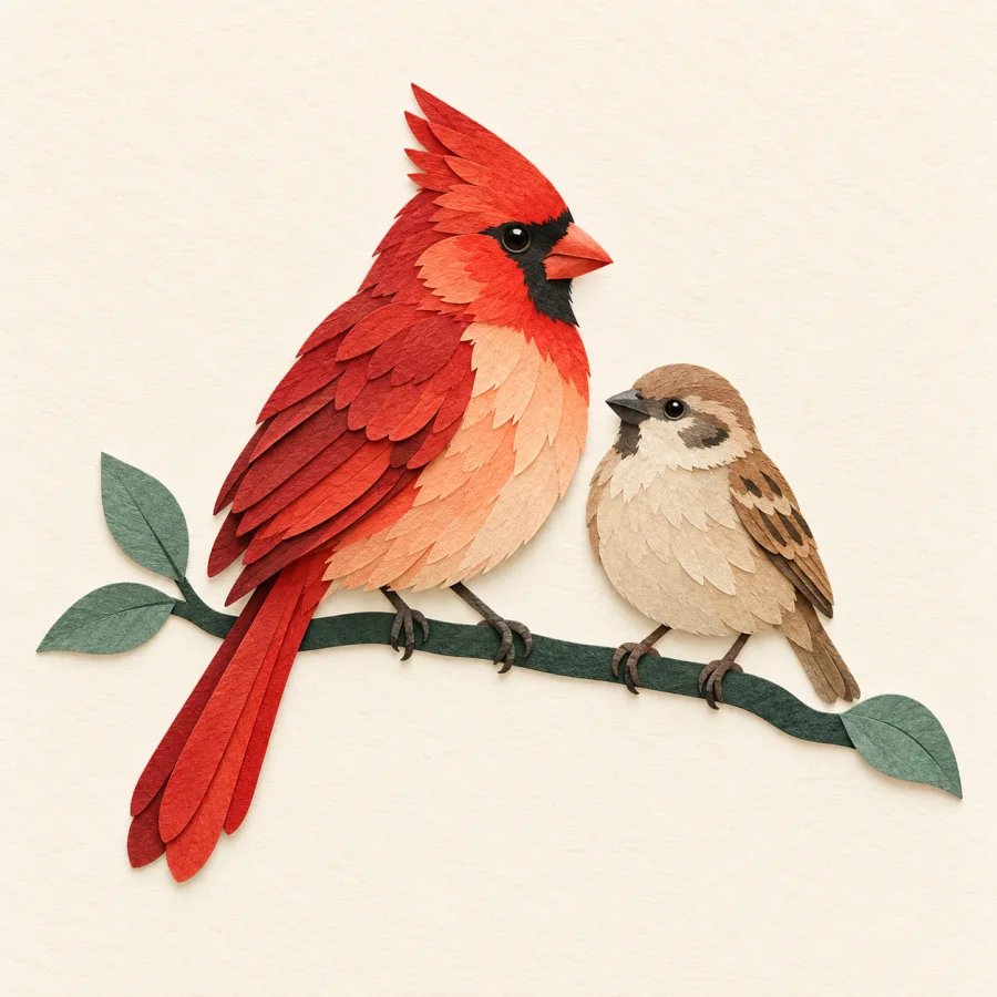 A brightly coloured bird perches beside a plain sparrow on a branch