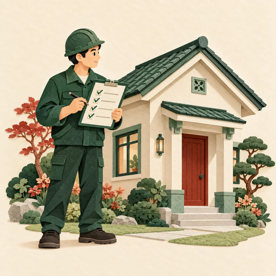 An inspector with a clipboard checks a list beside a new house