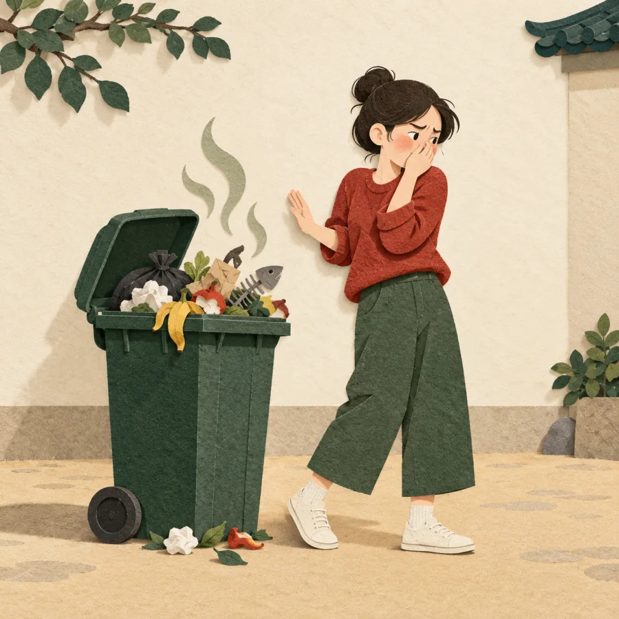 A person pinches their nose and turns away from an overflowing bin