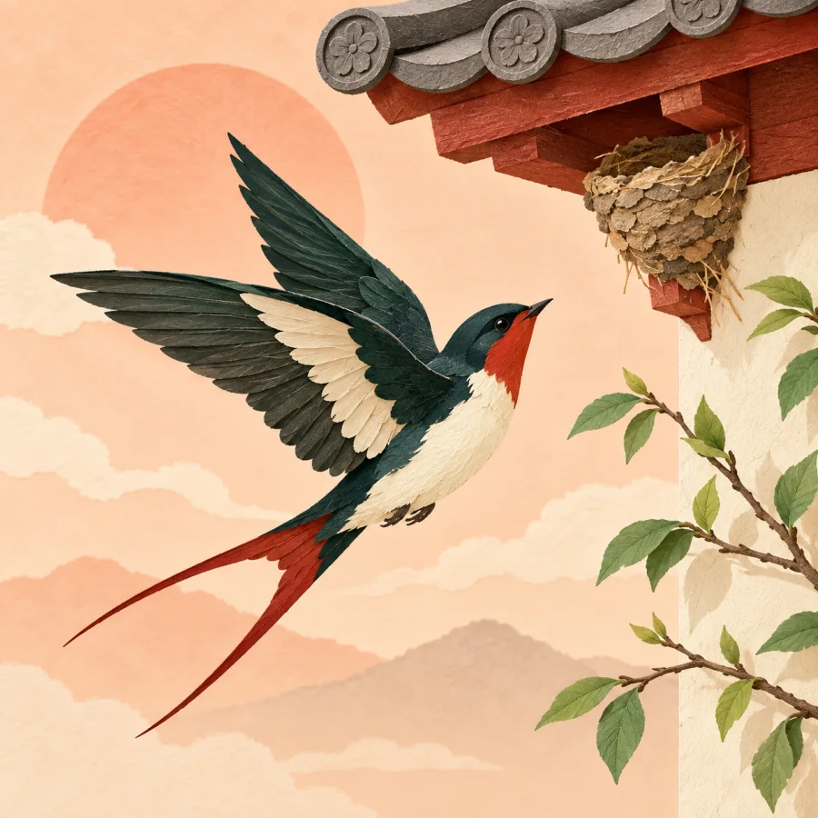 A swallow flying toward its nest under a roof eave