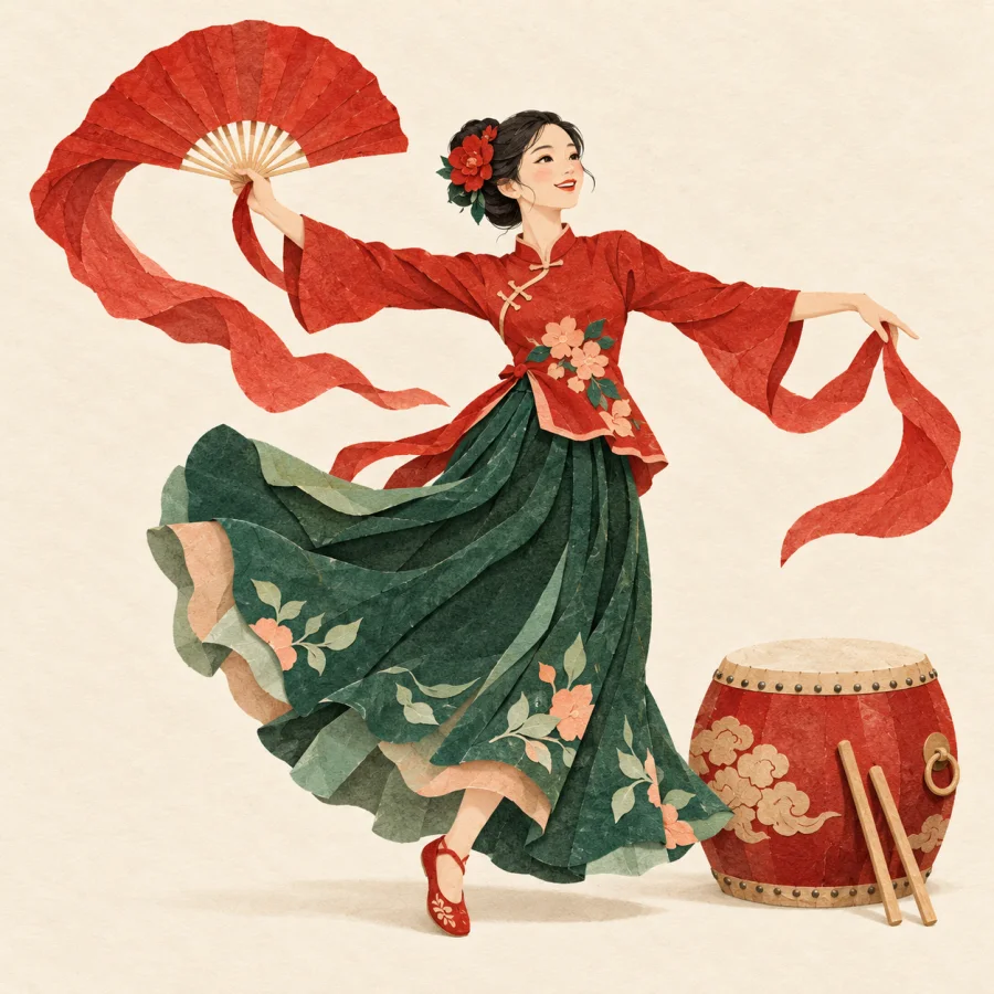 Dancers in festive costumes performing with fans and drums