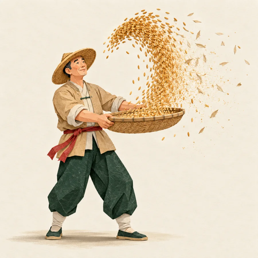 A person tossing grain upward into the wind, dust drifting away