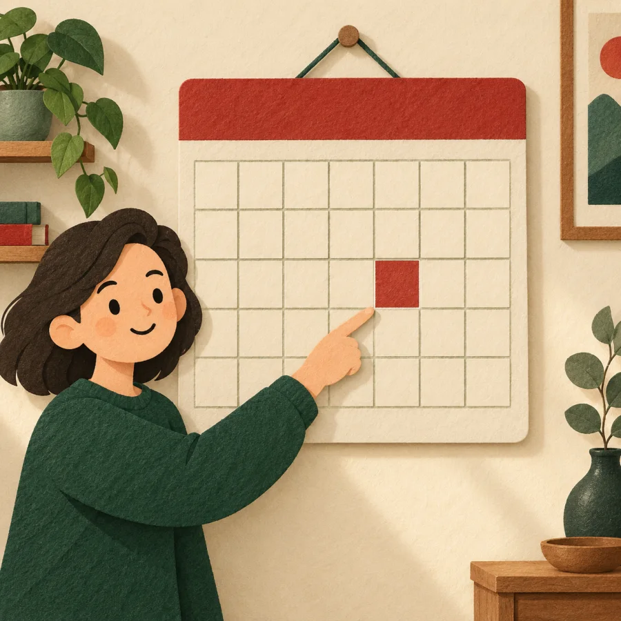 A person hanging a wall calendar grid on a wall