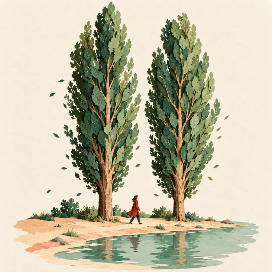 Tall poplar trees by a river with a person walking