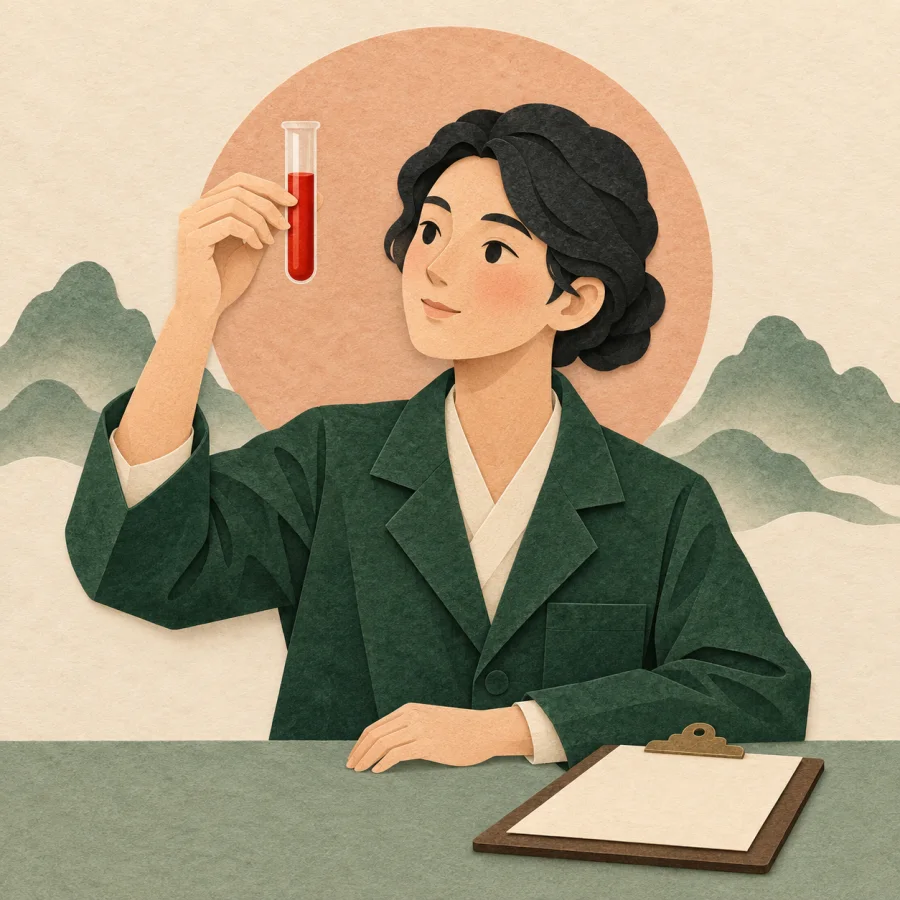 A scientist in deep ink green holds a test tube turned cinnabar red