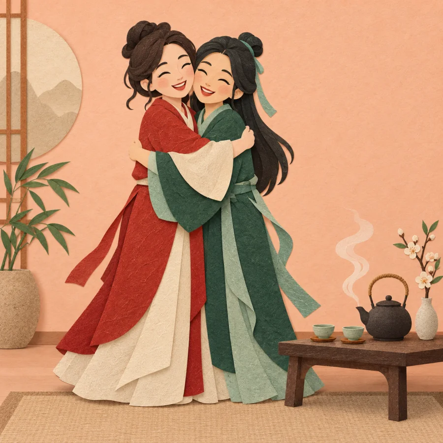 Two smiling friends embrace in a soft peach room by a tea table