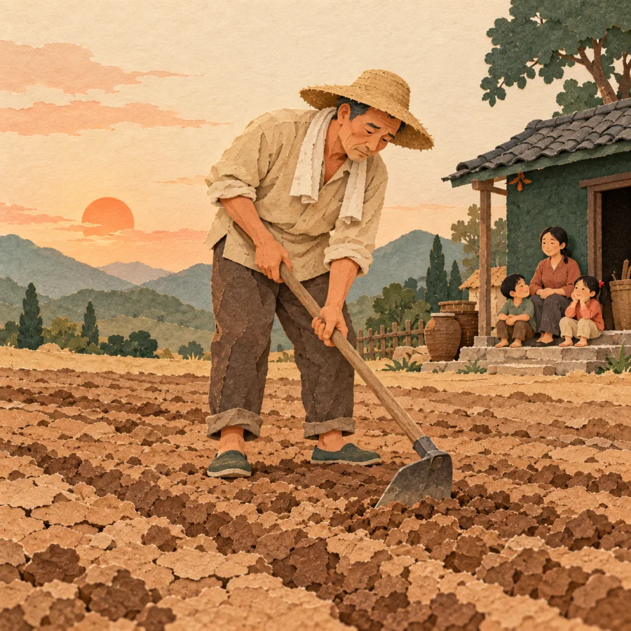 A farmer works a sandy patch while his family sits by a humble house