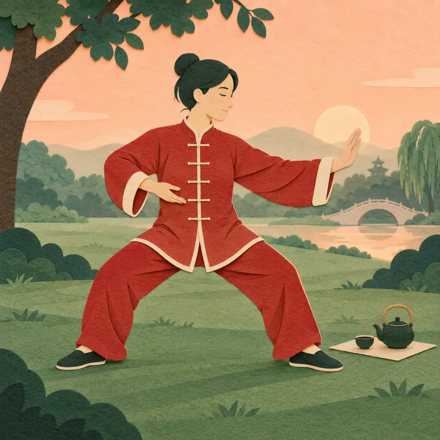 A person does slow tai chi in a muted jade park at dawn