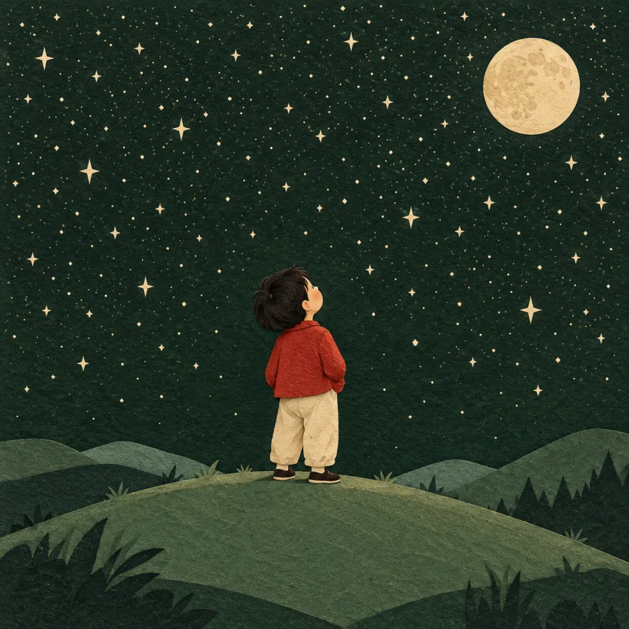 A child on a hill gazes up at a starry night sky