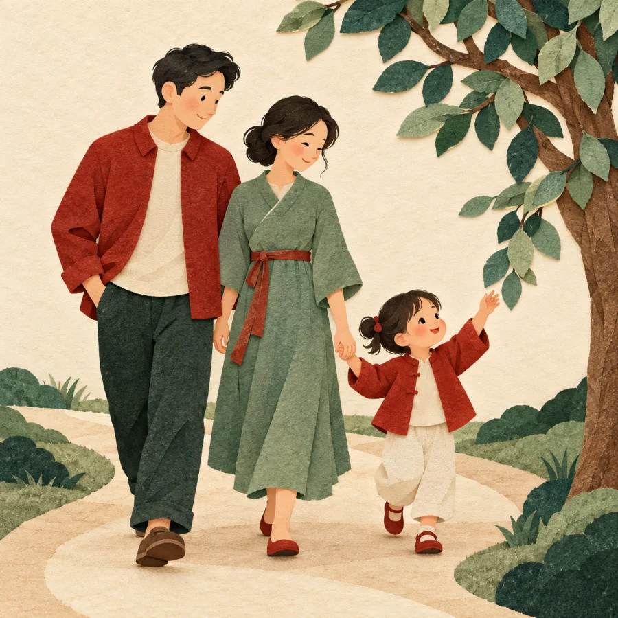 Parents walking with a child in a park