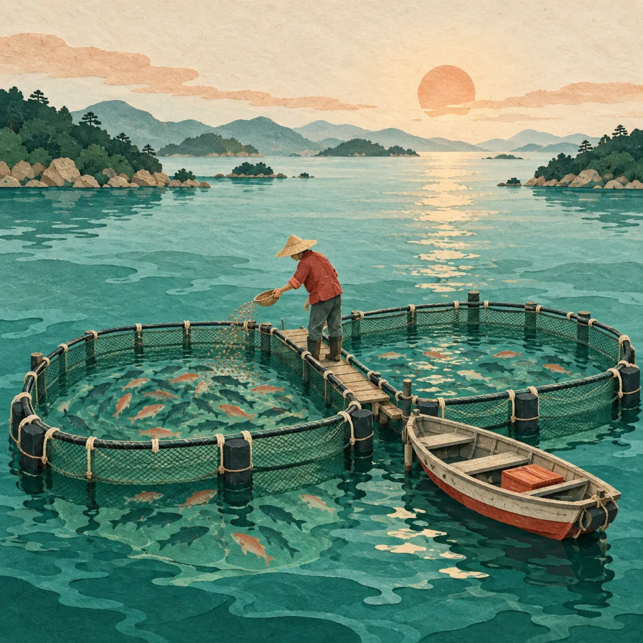 Fish farmer tending cages in a coastal bay