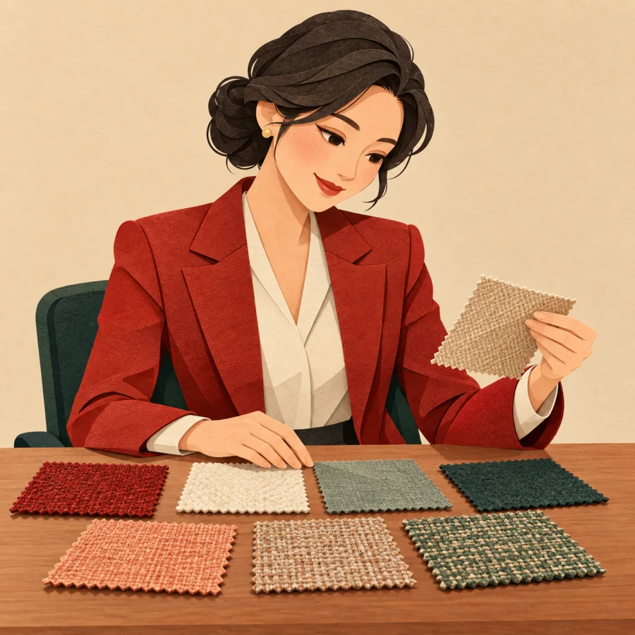 Businesswoman inspecting product samples at a desk