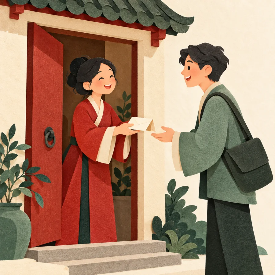 A person hands an invitation card to a guest at a doorway
