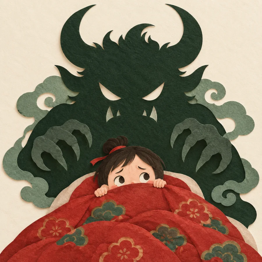 A horned monster frightens a child hiding behind a blanket