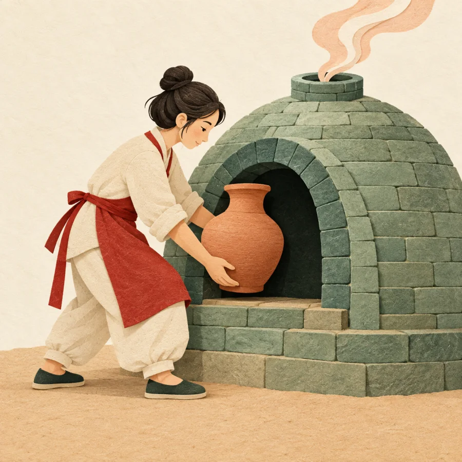 A potter puts a vase into a domed kiln with thin smoke