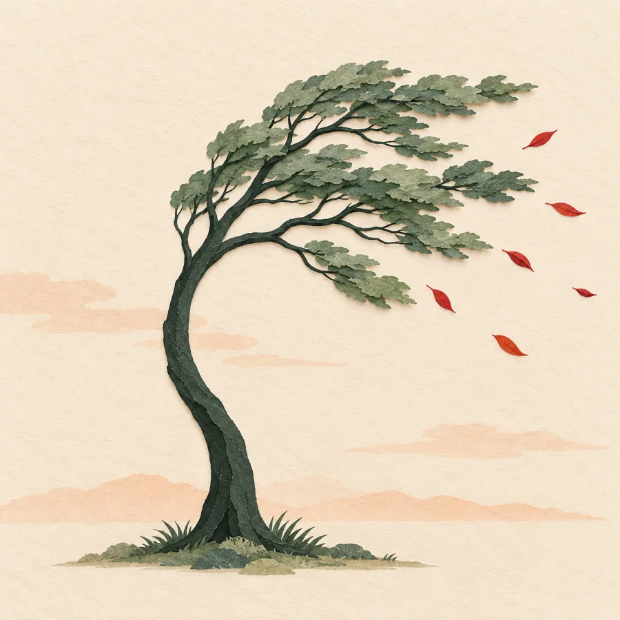 A tall tree bends and sways hard in strong wind
