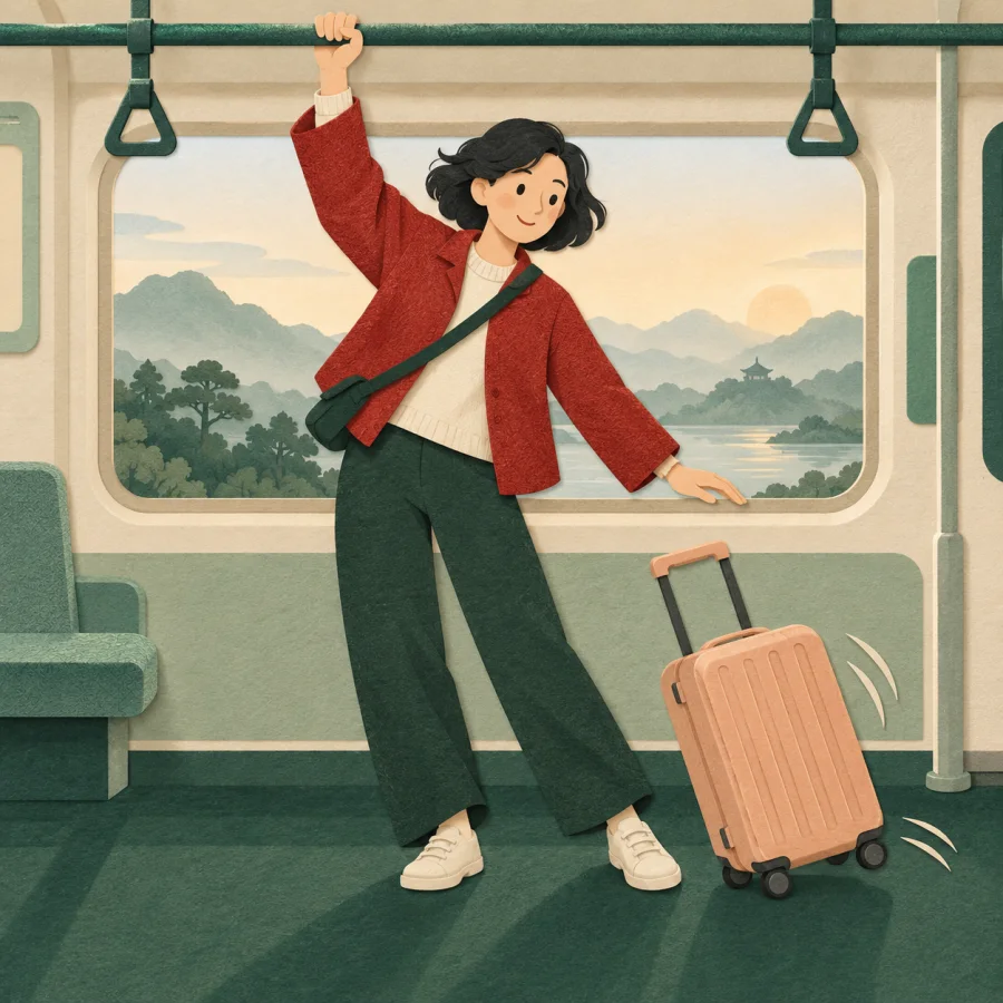 A passenger grips the handrail as the train carriage rocks
