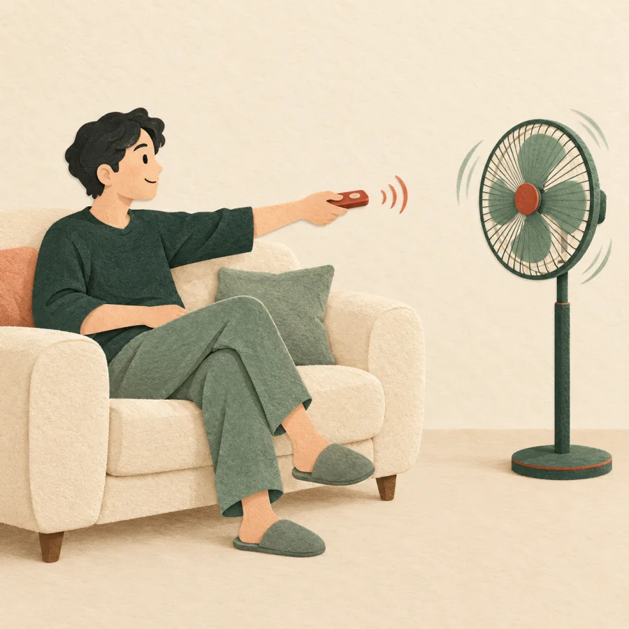 A person on a sofa aims a remote control at a distant fan