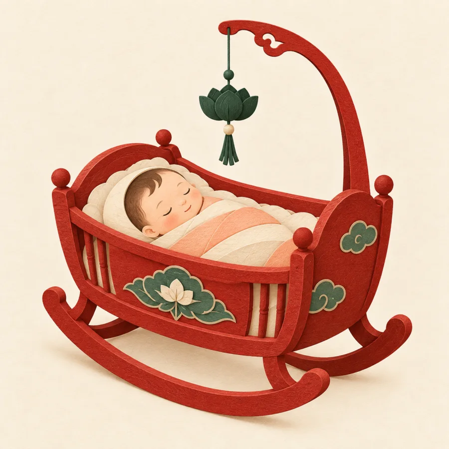A red cradle with a sleeping baby and a toy hanging above
