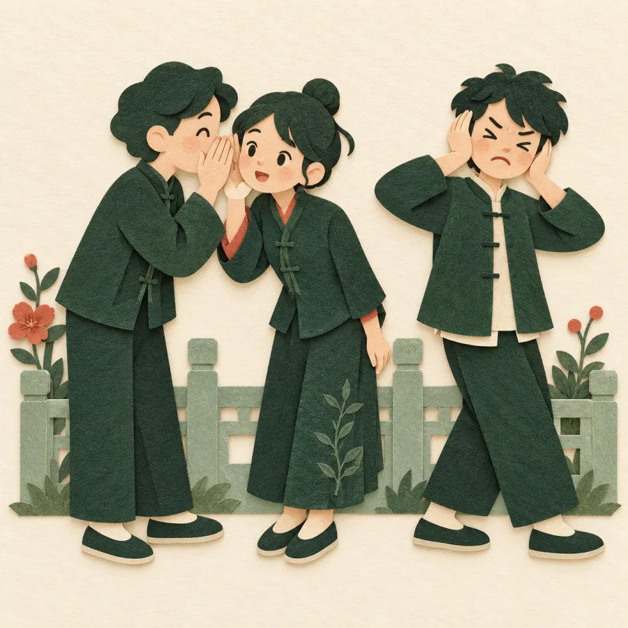 Two people whispering by a fence while a third covers their ears