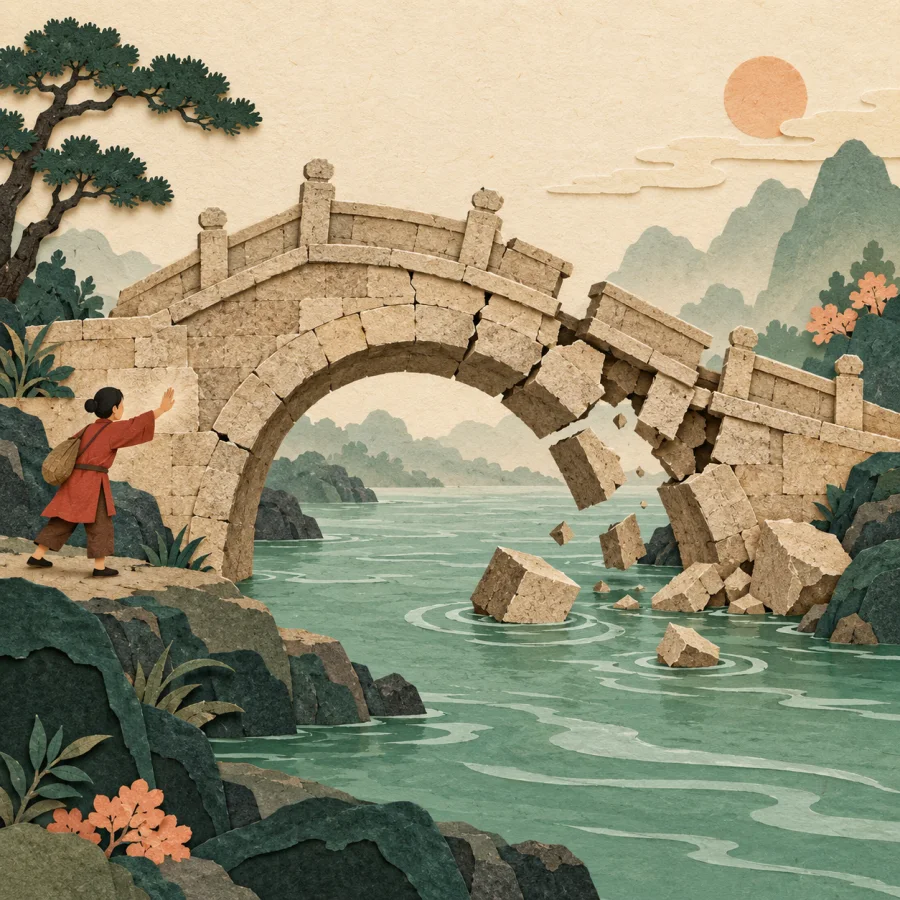 A cracked old bridge tilting over a river; a person on the bank gives a warning