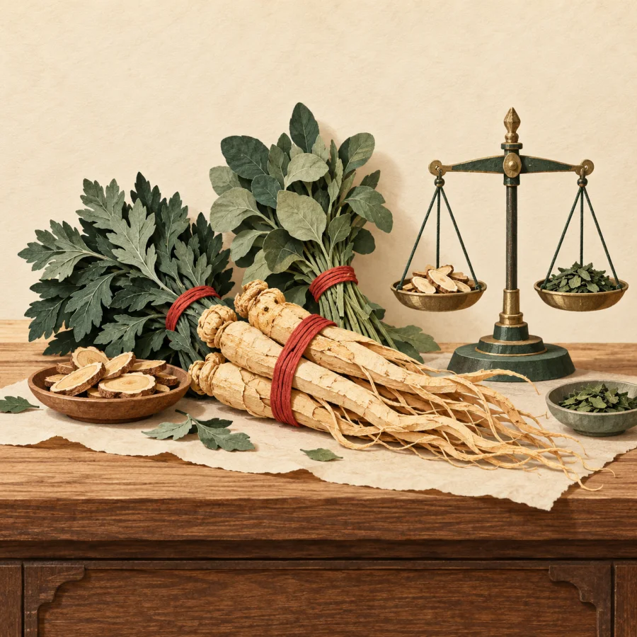 Bundles of dried herbs and roots on a counter with a small scale