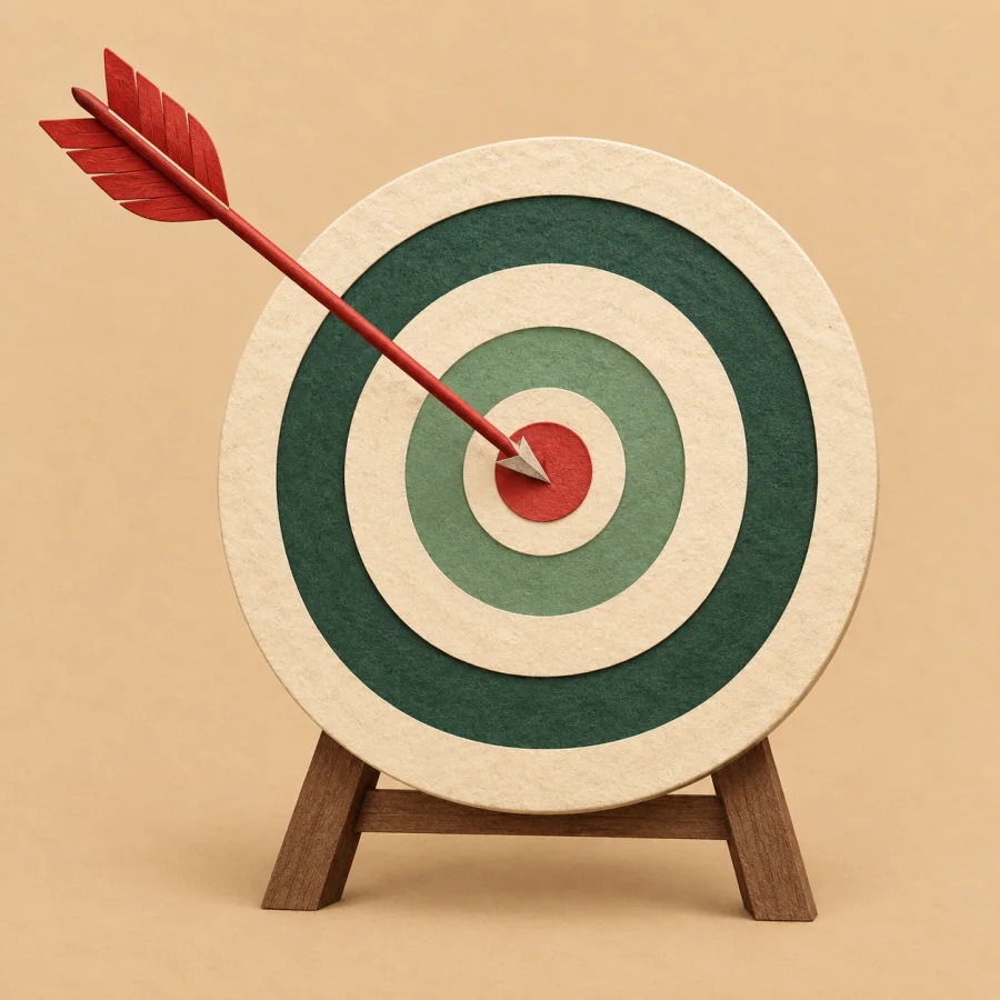 An arrow strikes the exact center of a round target on a field