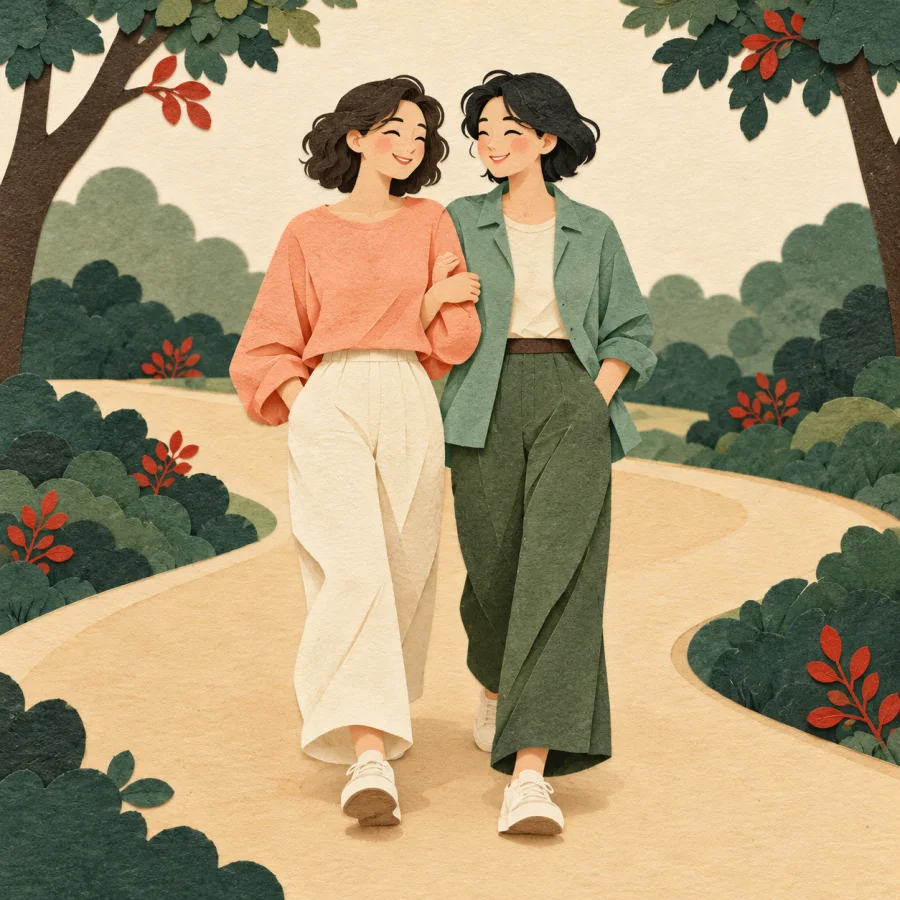 Two friends walk arm in arm along a park path