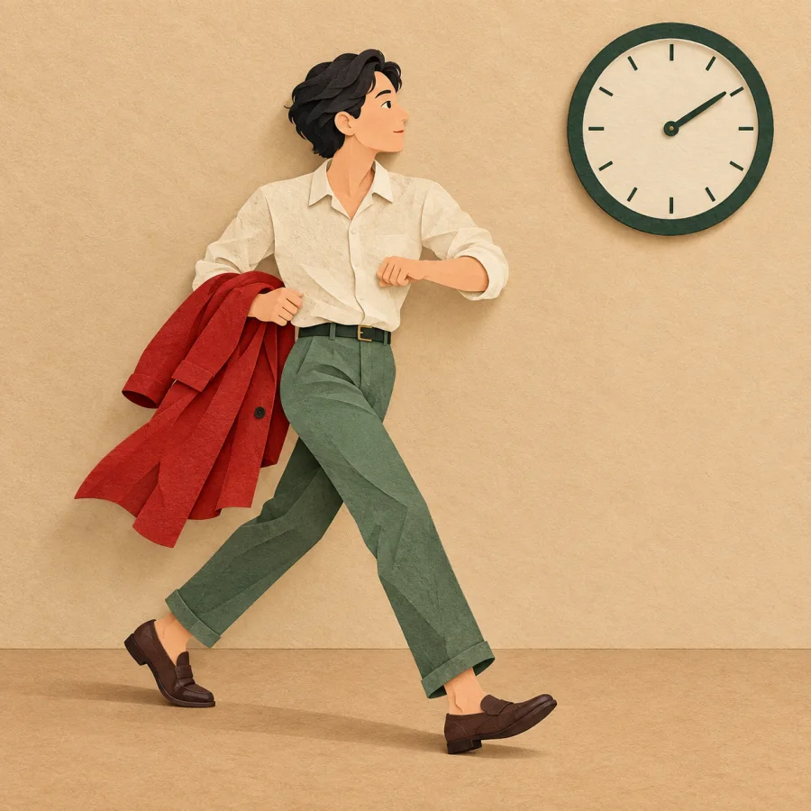 A person hurries across a room, glancing up at a large clock