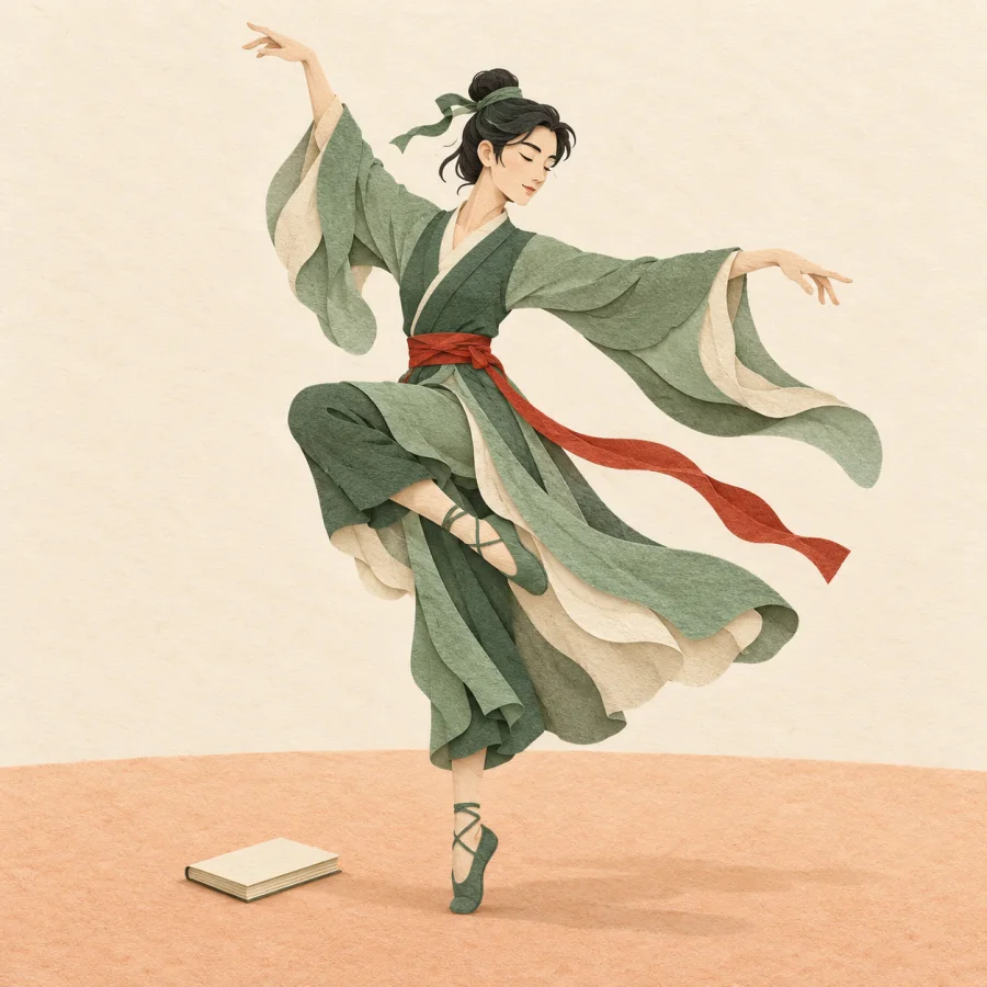 A dancer balances on one leg, a small notebook lying nearby