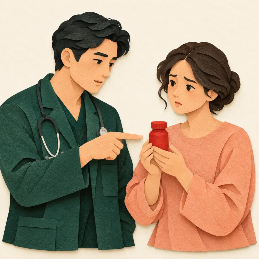 A doctor points at a pill bottle held by a worried patient