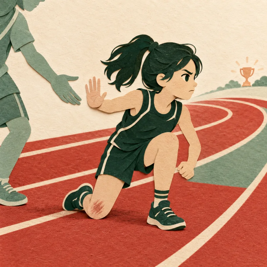 A girl rises after a fall on a running track, clenching her fist
