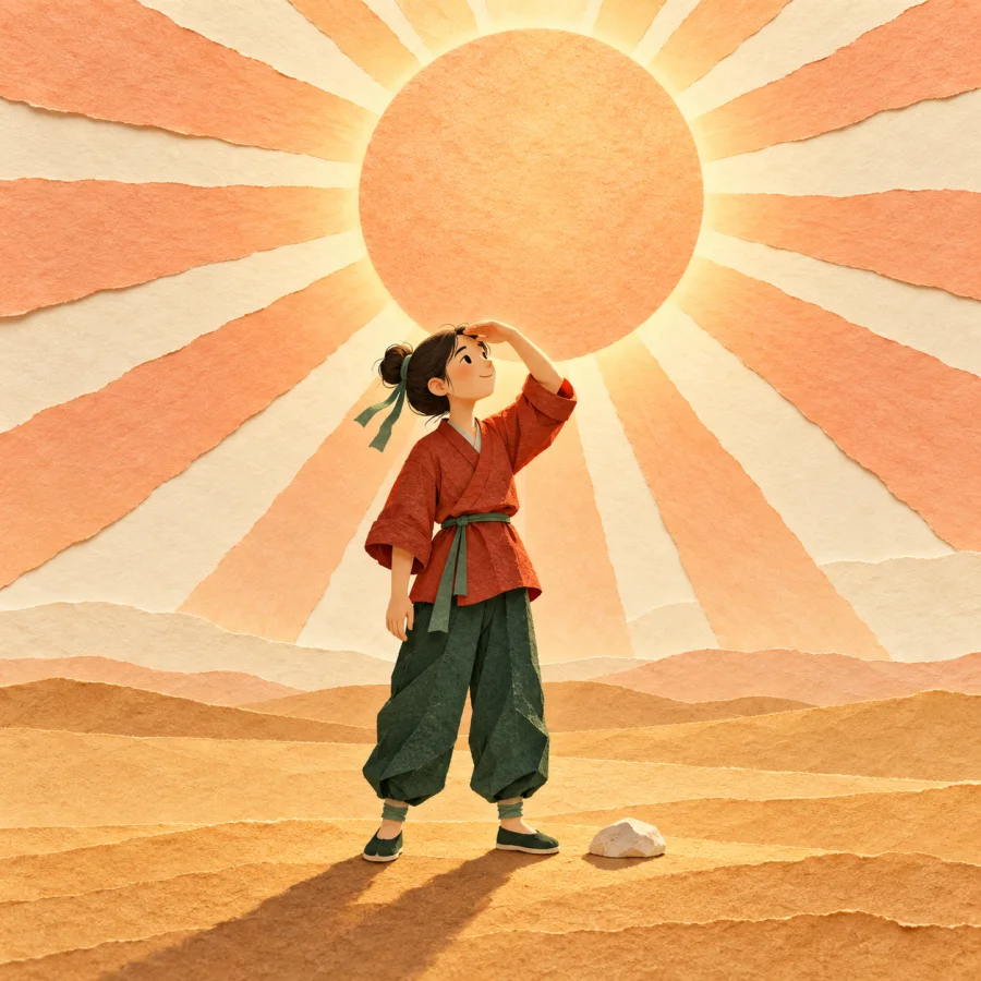 A person on sand shields their eyes from a huge radiant sun