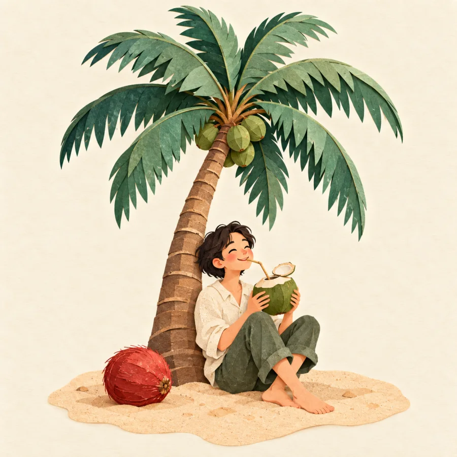 A person drinks from a cut coconut under a palm tree on a beach
