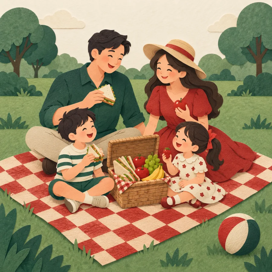 A family on a checkered blanket in a park eats and rests
