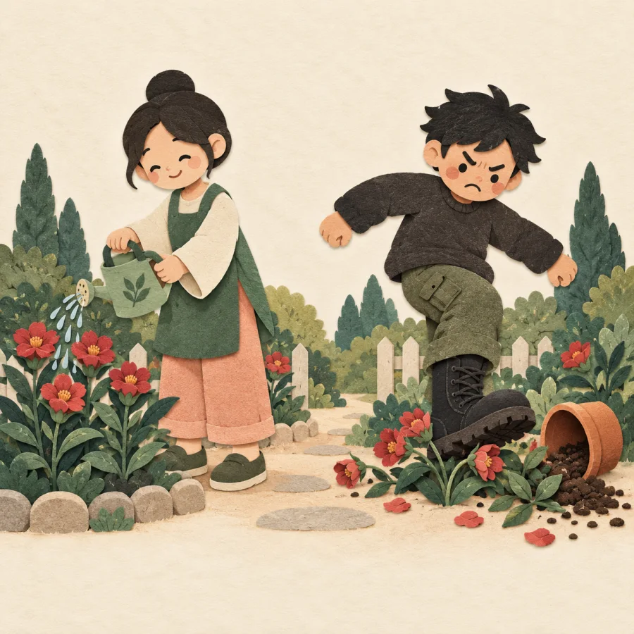 A rough person tramples a flower bed while another waters flowers