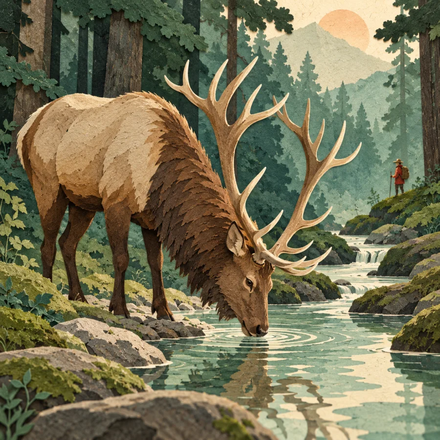A deer drinks at a stream deep in a wild forest
