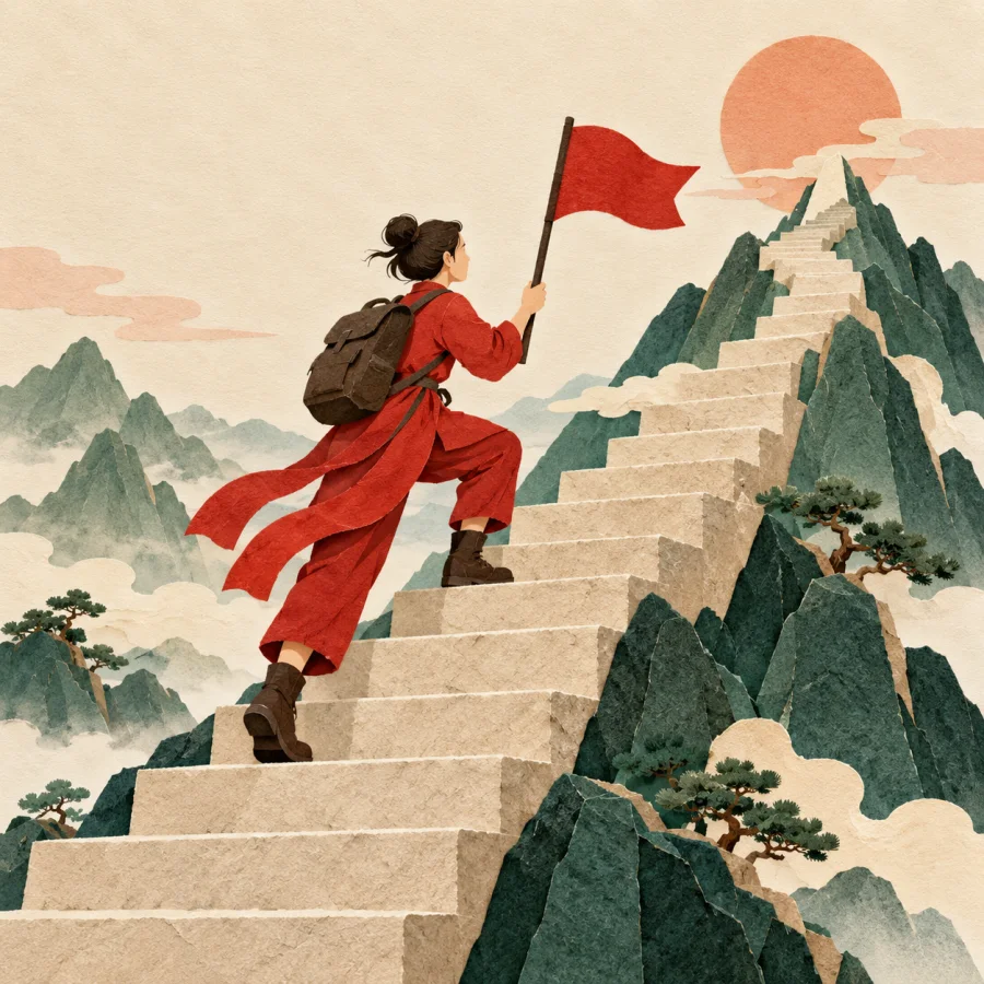 A person climbs a staircase toward a mountain summit