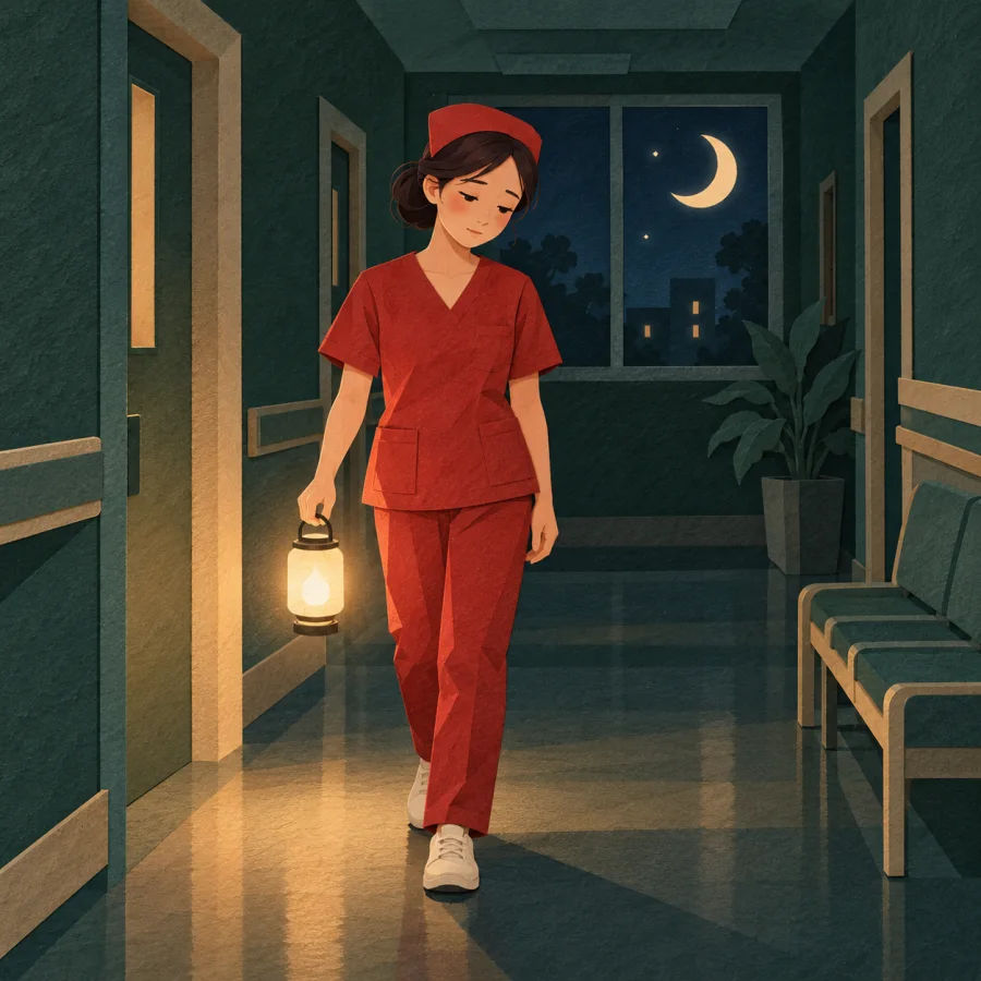 A nurse with a flashlight on a dark hospital floor at night
