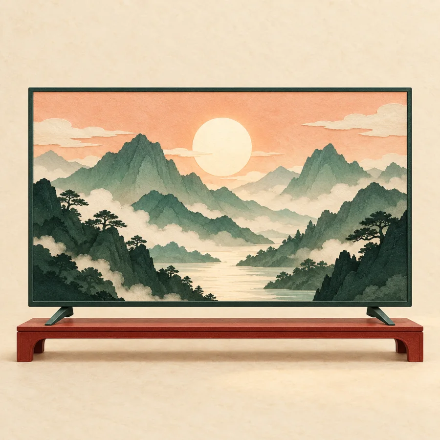 A slim television with a bright, clear screen on a stand