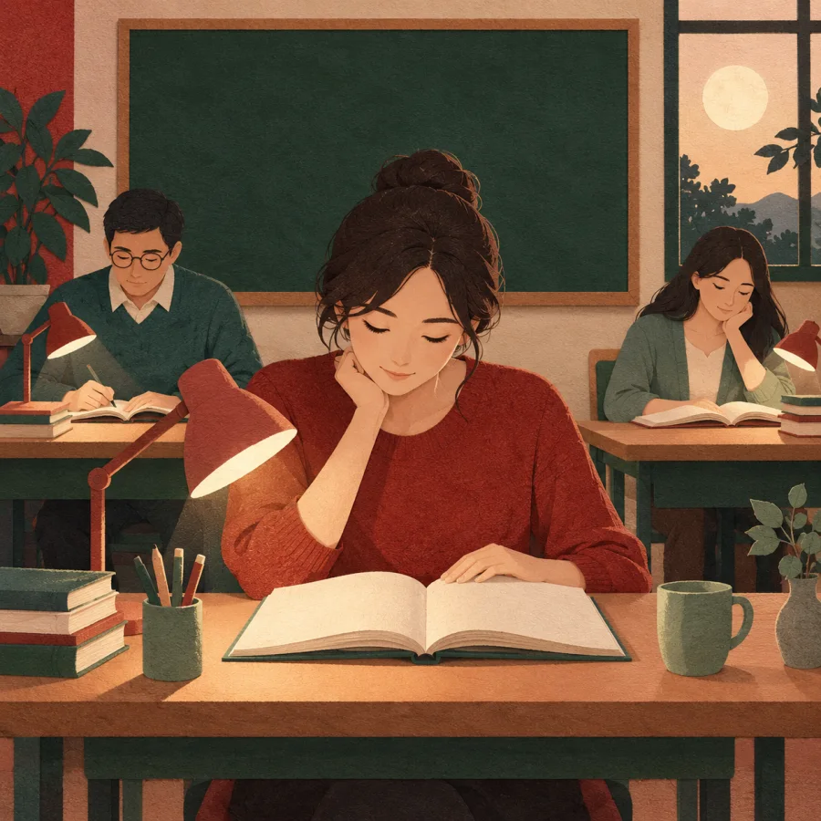 Adults studying in an evening classroom lit by warm desk lamps