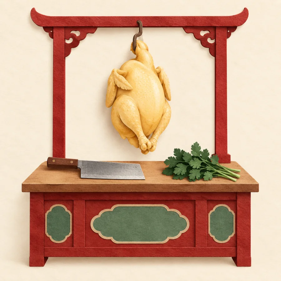 A boiled chicken hangs at a stall with a cleaver on the counter