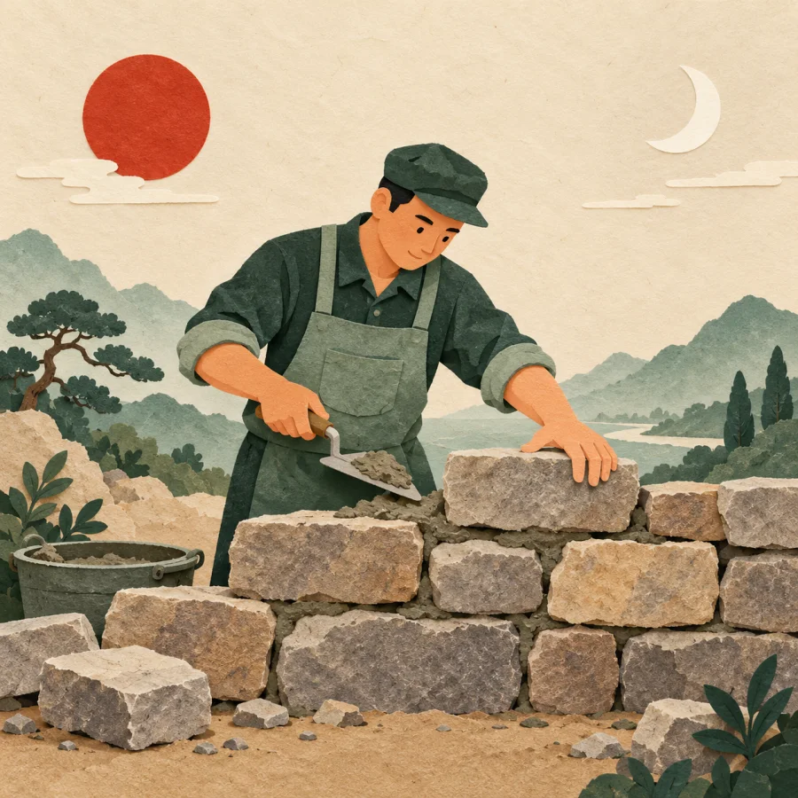 A mending worker at a wall with sun and moon together in the sky