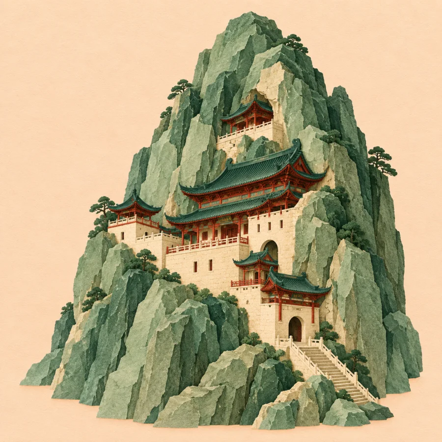 A temple built snugly against a rocky mountain cliff