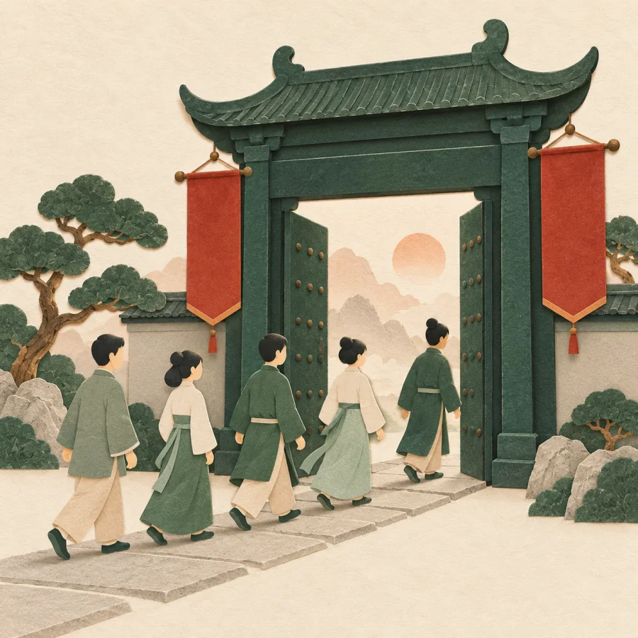 A queue of people walking through a gate one after another