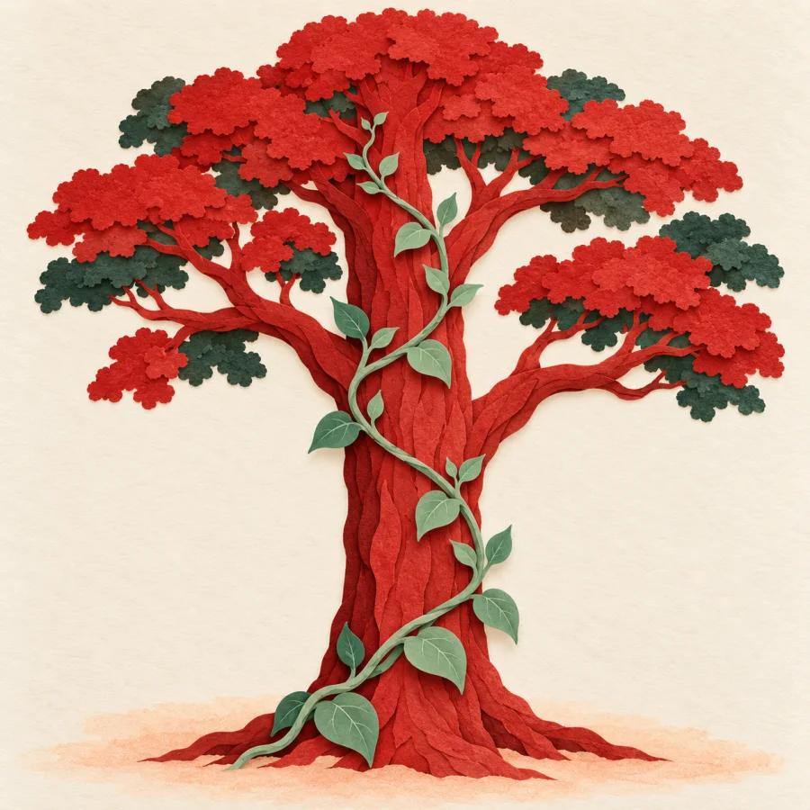 A small vine clings to the trunk of a large tree for support