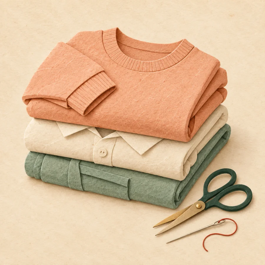 A neat stack of folded old clothes with a small needle